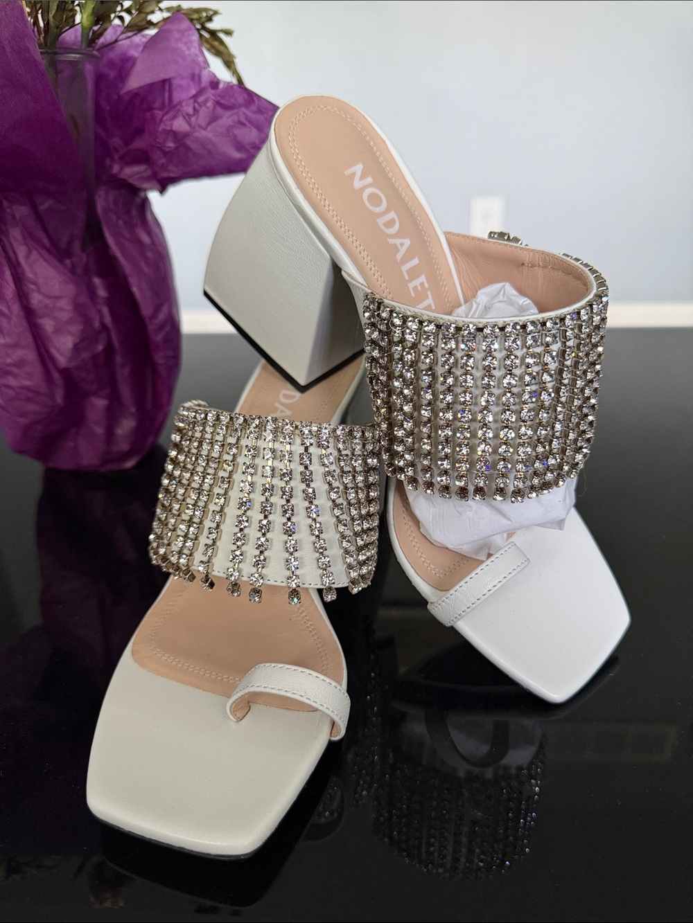 NODALET White Crystal Fringe Block Heel Mules Retail price $720